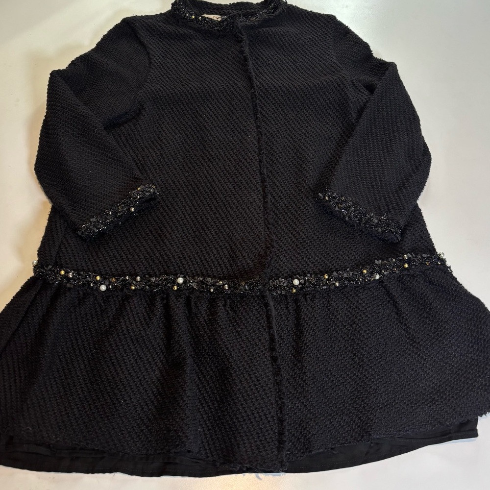 Zara knit black tweed long skirted jacket L with bead and pearl embellishment